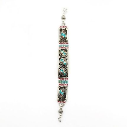 Red & Blue Coral & Turquoise Inlaid Stone Bracelet