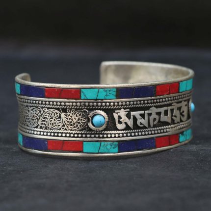 Red & Blue Tibetan Mantra Carved Bracelet