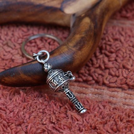 White Tibetan Mantra Carved Prayer Wheel Keychain