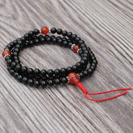 Black Onyx Stone Japa Mala with Carnelian Spacer Beads