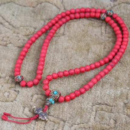 Red Howlite Stone Japa Mala With Dorje Bead