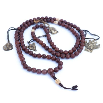 Phoenix Eye Bodhi Seed Mala 12mm beads with brass and skull spacers handcrafted in Nepal