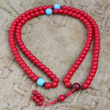 Coral Stone Prayer Mala With Turquoise Stone Spacer
