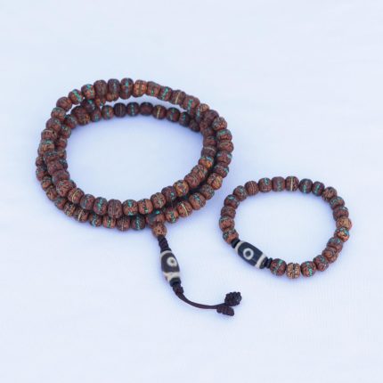 Rudraksha Dzi Bead Mala Set – Powerful Inlaid Japa Mala & Wrist Mala Handmade (108 Beads)