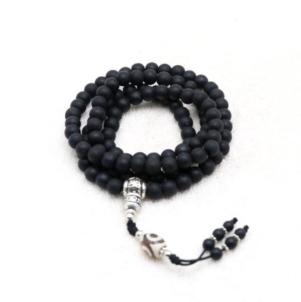 Naturally 108 Beads Matt Onyx Stone Mala with White Tibetan Metal Spacer