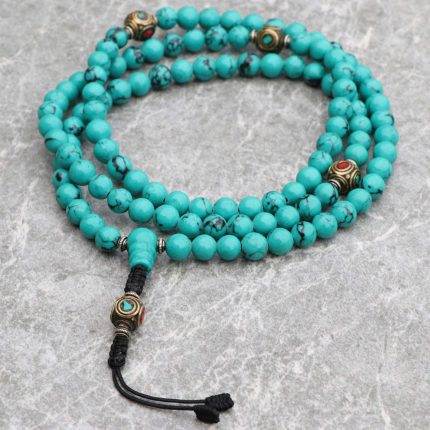 Turquoise Stone Japa Mala with Inlaid Brass Bead