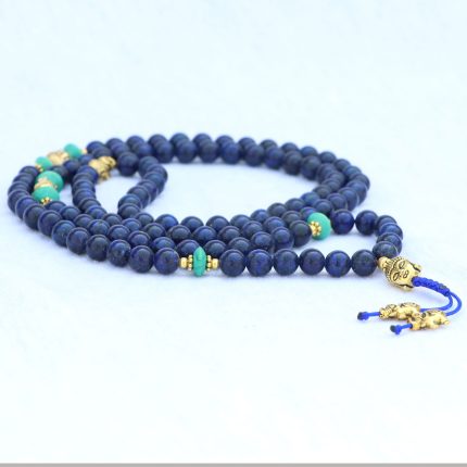 Buddha Head Lapis Lazuli Stone Japa Mala with Elephant Bead Spacer