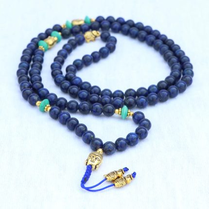 Buddha Head Lapis Lazuli Stone Japa Mala with Elephant Bead Spacer