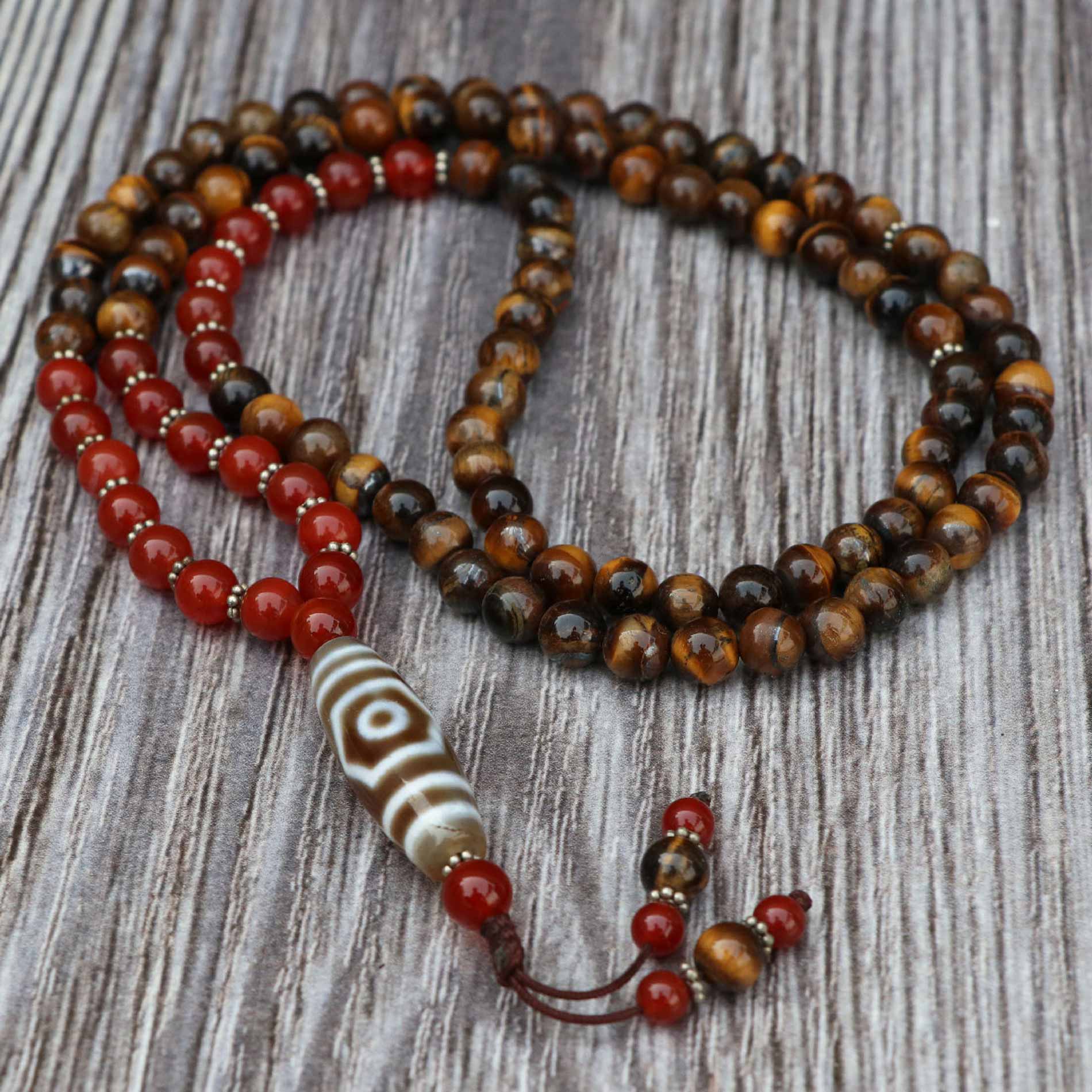 3ab58381-890e-4a7a-9c33-05c5ce9b02b8 3 Eye Dzi Tiger Eye Prayer Mala With Carnelian Stone