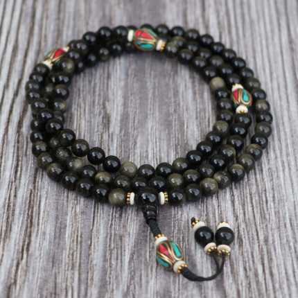 Inlaid Brass Black Obsidian Stone Japa Mala