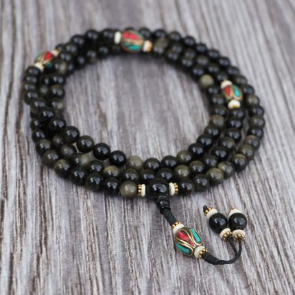 Inlaid Brass Black Obsidian Stone Japa Mala