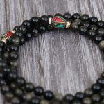 Inlaid Brass Black Obsidian Stone Japa Mala