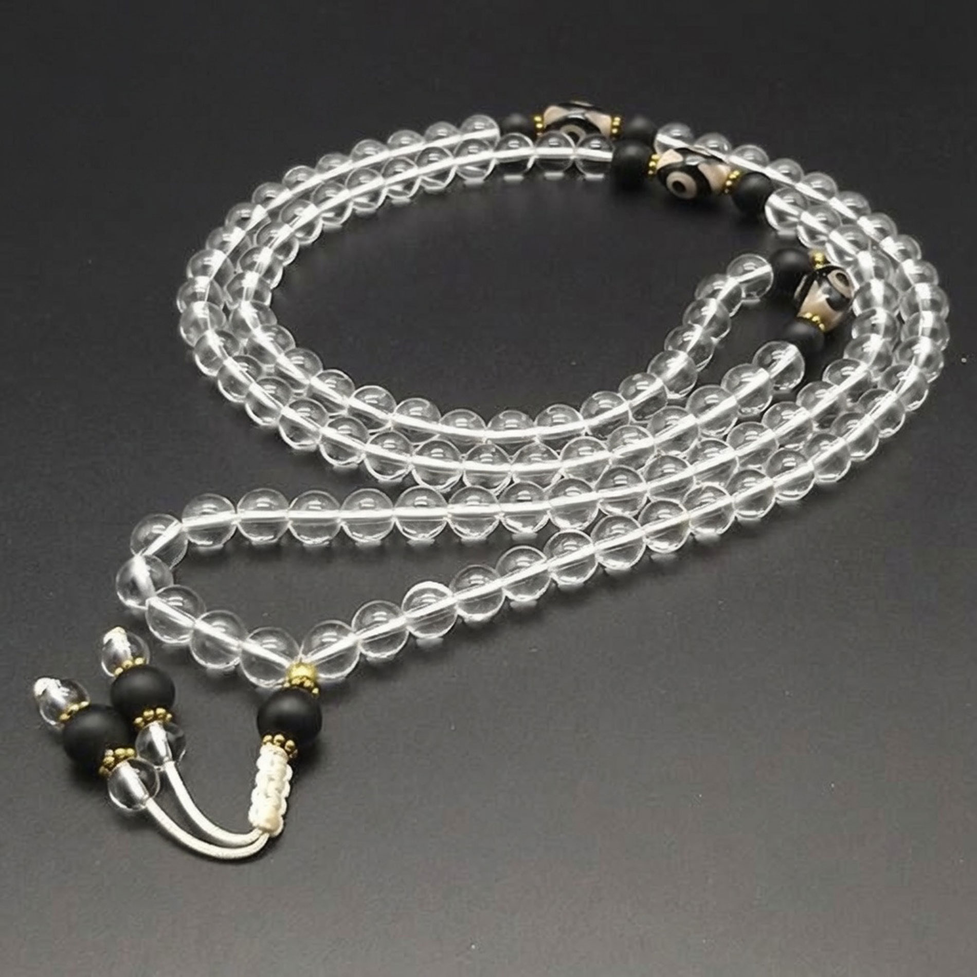 q116C Crystal Stone Bead Mala with Matt Onyx & Dzi Bead Spacer